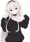  afilia_(kiyomin) black_choker blush choker eyebrows_visible_through_hair graphite_(medium) hair_between_eyes hair_in_mouth hairband hands_up highres kiyomin long_hair mechanical_pencil no_bra off_shoulder original pencil pointy_ears red_eyes silver_hair simple_background single_bare_shoulder sleeves_past_wrists solo standing traditional_media upper_body v very_long_hair w white_background 