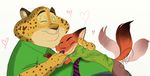  2016 anthro benjamin_clawhauser brown_nose canine cheetah clothed clothing colored_sketch digital_drawing_(artwork) digital_media_(artwork) dipstick_tail disney duo eyes_closed feline fox fur green_shirt hawaiian_shirt hidden_mickey hug male mammal multicolored_tail necktie nick_wilde purple_nose shirt signature simple_background smile spots spotted_fur tailwag trashasaurusrex watermark whiskers white_background zootopia 