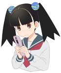  bangs black_hair blue_sailor_collar blunt_bangs blush brown_eyes cellphone closed_mouth cropped_torso embarrassed flip_phone highres holding holding_phone long_sleeves looking_at_viewer neckerchief necktie otonashi_meru phone red_neckwear sailor_collar sayonara_zetsubou_sensei school_uniform sekina serafuku shirt simple_background solo twintails upper_body white_background white_shirt 