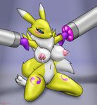  2017 big_breasts black_sclera blue_eyes blush breasts chameloshi digimon female fur kneeling lactating looking_at_viewer milk neck_tuft nipples nude pussy renamon restrained solo spread_legs spreading tuft white_fur yellow_fur 