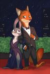  2016 anthro barefoot bow_tie breasts canine cleavage clothed clothing disney dress duo female fox green_eyes hand_in_pocket interlocked_arms judy_hopps lagomorph male mammal nick_wilde outside purple_eyes rabbit red_carpet signature sky standing star starry_sky tggeko tuxedo zootopia 