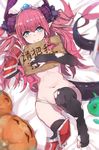  black_gloves black_legwear blue_eyes blurry blush covering covering_breasts elbow_gloves elizabeth_bathory_(brave)_(fate) elizabeth_bathory_(fate)_(all) embarrassed fate/extra fate/extra_ccc fate_(series) gloves highres horns jack-o'-lantern long_hair looking_at_viewer lying navel on_back pantie_painting pink_hair pointy_ears pumpkin silver_trim solo tail tears thighhighs torn_clothes torn_legwear translation_request wavy_mouth 