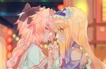  1other androgynous astolfo_(fate) bangs bare_shoulders black_bow blonde_hair blue_dress blue_eyes blurry blurry_background blush bow braid chevalier_d'eon_(fate/grand_order) closed_eyes closed_mouth depth_of_field dress eyebrows_visible_through_hair facing_another fate/grand_order fate_(series) frilled_hairband frills from_side hair_between_eyes hair_bow hairband interlocked_fingers kibadori_rue light_smile long_hair looking_at_another multiple_boys neon_lights night outdoors pink_hair profile red_sailor_collar sailor_collar school_uniform serafuku shirt single_braid smile white_shirt wristband 