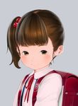  backpack bad_id bad_pixiv_id bag bangs brown_eyes brown_hair closed_mouth collarbone commentary earrings grey_background hair_bobbles hair_ornament hideousbeing jewelry looking_at_viewer neck_ribbon original randoseru red_ribbon ribbon school_uniform shirt side_ponytail simple_background smile solo stud_earrings white_shirt 