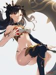  armlet bare_shoulders black_hair black_legwear black_ribbon closed_mouth commentary_request earrings fate/grand_order fate_(series) hair_ribbon highres hoop_earrings ishtar_(fate/grand_order) jewelry long_hair long_legs looking_at_viewer midriff navel nose_shade red_eyes ribbon simple_background smile solo strapless thighhighs twitter_username two_side_up white_background you06 