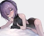  backless_outfit black_gloves black_hairband blue_background blush breasts dark_skin fate/prototype fate/prototype:_fragments_of_blue_and_silver fate_(series) gloves hairband hassan_of_serenity_(fate) kura_ekaki looking_to_the_side lying medium_breasts on_stomach purple_eyes purple_hair short_hair simple_background solo underboob 