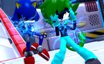  clothed clothing colored_eyes colored_nipples equinox~! fan_character feline fingerless_gloves gloves glowing green_hair hair mammal metal_sonic mind_control nipples paralyzed sonic_(series) sparking teeth topless 