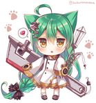  absurdly_long_hair ahoge akashi_(azur_lane) animal_ears azur_lane bangs bell black_bow black_footwear bow cat_ears chestnut_mouth chibi commentary_request crane dress eyebrows_visible_through_hair full_body green_hair hair_between_eyes hair_bow hair_ornament holding jingle_bell kneehighs kneehighs_pull long_hair long_sleeves looking_at_viewer machinery parted_lips paw_background pigeon-toed red_bow ruby_(stone) sailor_dress shoes sidelocks simple_background sleeves_past_wrists solo spoken_object standing suzune_rena twitter_username very_long_hair white_background white_dress white_legwear wide_sleeves yellow_eyes 