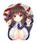  :o artist_name black_jacket blue_neckwear blush breast_mousepad breasts brown_hair cleavage clover_hair_ornament collared_shirt eyebrows_visible_through_hair four-leaf_clover_hair_ornament hair_ornament hairclip jacket large_breasts long_hair long_sleeves looking_at_viewer lying mousepad necktie on_back open_clothes open_jacket open_mouth open_shirt original purple_eyes ryuuga_shou school_uniform shiny shiny_skin shirt solo striped striped_background tareme w_arms white_shirt wing_collar 