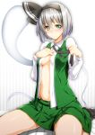  1girl blush breasts ebido green_eyes hairband highres konpaku_youmu looking_at_viewer navel short_hair silver_hair sitting skirt solo sweatdrop touhou wariza 