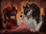  amadeusvirus anthro big_bad_wolf blood brown_fur brown_hair canine clothed clothing duo eating female fork fur gore hair human little_red_riding_hood little_red_riding_hood_(copyright) looking_at_viewer male mammal nude open_mouth orange_eyes plate purple_eyes ribbons smile white_fur wolf young 