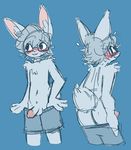  2017 anthro balls blue_background blue_fur blue_hair blush butt clothed clothing eyewear fur glasses hair lagomorph looking_aside male mammal pants_down pants_pull partially_clothed penis rabbit shorts_down shy simple_background solo tongue tongue_out topless undressing zaptagon 