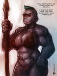  2017 abs anthro ape breasts clothing dialogue digital_media_(artwork) english_text female gorilla hair looking_at_viewer mammal melee_weapon muscular muscular_female neurodyne polearm primate spear standing text weapon 