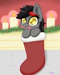  2017 bat_pony black_hair candle candy candy_cane christmas christmas_stocking clothing cub cute eyelashes fan_character fangs female fire food friendship_is_magic fur garland hair holidays inside legwear luciusheart_(lucy) my_little_pony nom sitting solo solo_focus yellow_eyes young 