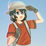  backpack bag black_gloves blue_eyes blue_hair eyebrows_visible_through_hair gloves gradient_ray hand_on_headwear hat hat_feather helmet kaban_(kemono_friends) kemono_friends open_mouth pith_helmet red_shirt shirt smile 