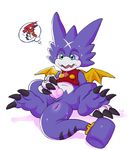  2017 anthro anus blue_eyes blush bottomless claws clothed clothing digimon gumdramon male open_mouth penis pink_penis precum purple_body shoutmon simple_background solo spookybooty spread_legs spreading white_background white_body wings 