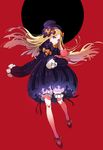  abigail_williams_(fate/grand_order) black_bow blonde_hair bloomers blue_eyes bow bubble_skirt bug butterfly closed_mouth dress eyebrows_visible_through_hair fate/grand_order fate_(series) hair_bow hat heterochromia highres holding insect long_hair long_sleeves looking_at_viewer object_hug orange_bow pink_eyes polka_dot polka_dot_bow purple_dress purple_footwear purple_hat red_background shoes skirt sleeves_past_fingers sleeves_past_wrists solo stuffed_animal stuffed_toy teddy_bear tenobe too_many_bows top_hat two-tone_background underwear very_long_hair very_long_sleeves white_bloomers 