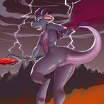  anthro anus butt dragon edit female flat_chested friendship_is_magic holding_object kevinsano lightning looking_at_viewer low-angle_view membranous_wings my_little_pony nude outside princess_ember_(mlp) pussy red_eyes scales scalie scepter solo staff teeth thick_tail thick_thighs wings 