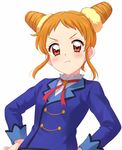  :t aikatsu! aikatsu!_(series) arisugawa_otome blouse blue_jacket blush closed_mouth double_bun frown hands_on_hips highres jacket looking_at_viewer orange_eyes pout school_uniform sekina short_hair simple_background solo standing starlight_academy_uniform upper_body v-shaped_eyebrows white_background white_blouse 