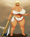  1girl angry axe blonde_hair blue_eyes breasts clenched_hand full_body huge_breasts nitrotitan scar solo thick_thighs weapon wide_hips 