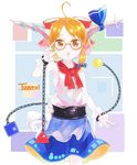  bangs belt blush bow bowtie buttons chain cuffs eyebrows_visible_through_hair glasses gourd hair_bow hand_on_hip highres holding horn_bow horns ibuki_suika looking_at_viewer multicolored multicolored_background o_(crazyoton46) open_mouth orange_hair purple_bow red_bow red_eyes red_neckwear shackles shihou_(g-o-s)_(style) shirt short_hair sidelocks sleeveless solo touhou white_shirt wristband 