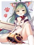  absurdres ahoge akashi_(azur_lane) animal_ears azur_lane bell bell_choker cat_ears choker commentary_request fang flat_chest green_hair highres long_hair looking_at_viewer machinery md5_mismatch open_mouth paw_print ribbon_choker satou_(3366_s) screwdriver simple_background sitting sleeves_past_wrists solo wrench yellow_eyes 