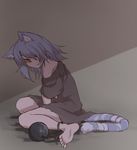  animal_ears ball_and_chain_restraint bandages barefoot blue_hair cat_ears cat_tail looking_at_viewer looking_to_the_side off_shoulder orange_eyes original ryota_tentei scar short_hair sitting solo tail tora_tentei 