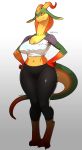  2019 absurd_res breasts cleavage clothed clothing digitigrade female hand_on_hip hi_res looking_at_viewer midriff miranda_(heatboom) navel pgm300 reptile scalie simple_background slit_pupils smile solo thick_thighs white_background yellow_eyes yoga_pants 