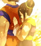 1girl black_hair chi-chi_(dragon_ball) chinese_clothes closed_eyes couple dougi dragon_ball dragon_ball_z eyebrows_visible_through_hair facing_away hands_on_another's_back happy hetero neko_ni_chikyuu out_of_frame short_hair simple_background smile son_gokuu spiked_hair tied_hair white_background 