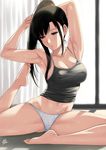  armpits arms_behind_head barefoot black_hair breasts brown_eyes cleavage covered_nipples error highres large_breasts long_hair original panties ponytail sitting solo spread_legs sweat tank_top underwear white_panties wrong_feet xtermination 