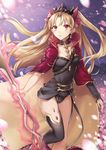  :o aura bangs black_legwear black_leotard blonde_hair blush boots breasts buckle cape detached_collar detached_sleeves earrings ereshkigal_(fate/grand_order) eyebrows_visible_through_hair fate/grand_order fate_(series) glint hair_ribbon high_heel_boots high_heels holding holding_weapon jewelry leg_up leotard long_hair long_sleeves looking_at_viewer looking_to_the_side motion_blur night night_sky open_mouth outdoors parted_bangs petals red_cape red_eyes red_ribbon ribbon shiao single_detached_sleeve single_thighhigh skull sky small_breasts solo standing standing_on_one_leg tareme thighhighs thighs tiara two_side_up very_long_hair weapon 