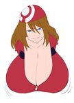  1girl alternate_breast_size bandanna bedroom_eyes blue_eyes breasts brown_hair cleavage female flat_color gigantic_breasts hanging_breasts haruka_(pokemon) long_hair looking_at_viewer maydrawfag motion_lines parted_lips pokemon pokemon_(game) simple_background smile solo upper_body white_background 