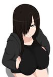  1girl black_hair breasts breasts_squeezed_together brown_eyes commentary_request hair_over_one_eye highres huge_breasts long_hair long_sleeves looking_at_viewer naozuri original pai-chan_(naozuri) smile solo 