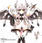  1cezhun1 1girl detached_sleeves dragon drone elsword eve_(elsword) facial_mark forehead_jewel gloves highres horns long_hair panties pantyshot pet silver_hair skirt thighhighs underwear wings yellow_eyes 