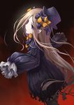  abigail_williams_(fate/grand_order) black_background black_legwear blonde_hair blue_dress bow butterfly_ornament commentary dress expressionless eyebrows_visible_through_hair eyes_visible_through_hair fate/grand_order fate_(series) feet_out_of_frame frilled_dress frilled_sleeves frills from_behind hair_bow hat highres long_hair long_sleeves looking_at_viewer looking_back multicolored multicolored_background orange_bow outstretched_arms pantyhose parted_lips pink_eyes pleated_dress pleated_sleeves polka_dot polka_dot_bow purple_bow purple_dress red_background ribbon-trimmed_dress sleeves_past_wrists solo straight_hair top_hat yashiro 