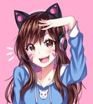  :d absurdres animal_print arm_up artist_name axent_wear blue_hoodie blush brown_eyes brown_hair bunny_print casual cat_ear_headphones collarbone commentary d.va_(overwatch) english_commentary eyebrows_visible_through_hair facepaint facial_mark fangs headphones helen_phan highres hood hoodie long_hair long_sleeves looking_at_viewer open_mouth overwatch pink_background salute sidelocks signature simple_background smile solo upper_body whisker_markings 