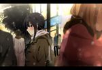  bangs black_hair blurry blush bokeh braid coat depth_of_field frown kantai_collection kiritsuki_(crux) kitakami_(kantai_collection) letterboxed lights outdoors road scarf school_uniform serafuku sidelocks snowing solo_focus street waiting winter_clothes winter_coat 