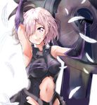  :d ahoge armor armpits arms_up black_gloves breasts elbow_gloves fate/grand_order fate_(series) floating_hair gloves hair_over_one_eye highres holding_shield mash_kyrielight medium_breasts midriff navel navel_cutout open_mouth pink_hair purple_eyes shield short_hair simple_background smile solo standing stomach upper_body velia white_background white_feathers 