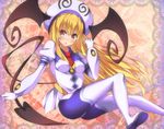  :o ass bat_wings blonde_hair blush bodysuit cosplay demon_tail hat highres konjiki_no_yami lala_satalin_deviluke lala_satalin_deviluke_(cosplay) leotard long_hair looking_at_viewer necktie red_eyes shinki_(user_srrn2727) short_necktie solo tail to_love-ru to_love-ru_darkness very_long_hair wings 