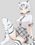  animal_ears animal_print black_hair blue_eyes breasts gloves grey_background kemono_friends large_breasts looking_at_viewer multicolored_hair necktie plaid plaid_neckwear plaid_skirt shirt short_hair simple_background sitting skirt solo striped_tail tail thighhighs tiger_ears tiger_tail white_hair white_tiger_(kemono_friends) white_tiger_print yuukagen_(poipoipopoino) 