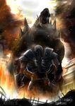  cloud commentary_request company_connection crossover fire gipsy_danger godzilla godzilla_(2014) godzilla_(series) highres kaijuu keitel_von_birsk monster pacific_rim roaring robot ruins sharp_teeth smoke teeth 