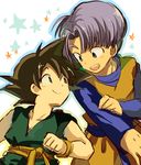  :d black_eyes black_hair blue_background blue_eyes clenched_hand cosplay costume_switch dougi dragon_ball dragon_ball_z happy long_sleeves looking_at_another male_focus multiple_boys neko_ni_chikyuu open_mouth purple_hair short_hair simple_background smile son_goten son_goten_(cosplay) spiked_hair star starry_background trunks_(dragon_ball) trunks_(dragon_ball)_(cosplay) white_background wristband 