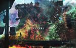  bioluminescence building city commentary_request day destruction fire glowing godzilla godzilla_(series) helicopter highres kaijuu military military_vehicle no_humans outdoors shin_godzilla skyscraper smoke solo yamabuki_ryuu 