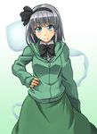  alto-00 black_bow black_hairband black_ribbon blue_eyes bob_cut bow bowtie collared_shirt green_background green_skirt hair_ribbon hairband hand_on_hip highres hitodama hood hoodie konpaku_youmu konpaku_youmu_(ghost) long_sleeves looking_at_viewer multicolored multicolored_background ribbon shirt short_hair silver_hair skirt skirt_set smile touhou white_background white_shirt zipper 