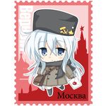  black_hat black_scarf blue_eyes brown_coat chibi coat commentary_request cyrillic envelope hammer_and_sickle hat hibiki_(kantai_collection) hizuki_yayoi kantai_collection long_hair moscow partially_translated russian scarf silhouette silver_hair solo stamp translation_request verniy_(kantai_collection) winter_clothes 