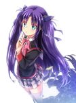  blue_eyes blue_ribbon bow cowboy_shot frilled_ribbon frills grey_skirt hair_ribbon little_busters! lliissaawwuu2 long_hair looking_at_viewer pink_bow plaid plaid_skirt pleated_skirt purple_hair purple_legwear ribbon sasasegawa_sasami school_uniform shadow skirt solo thighhighs twintails 