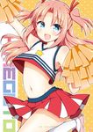  :d arched_back arikawa_hime arm_up armpit_peek bangs bare_shoulders blue_eyes blush cheerleader copyright_name crop_top crossdressing eyebrows_visible_through_hair hair_ribbon heart himegoto kneehighs leg_up long_hair looking_at_viewer male_focus midriff miniskirt navel open_mouth otoko_no_ko outstretched_arm pink_footwear pink_hair pleated_skirt polka_dot polka_dot_background pom_poms red_ribbon red_skirt ribbon shiny shiny_hair shoe_ribbon sidelocks skirt sleeveless smile solo star tsukudani_norio two_side_up white_legwear wind wind_lift yellow_background 