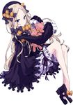  abigail_williams_(fate/grand_order) absurdres black_bow black_dress black_footwear black_hat blonde_hair bloomers blue_eyes blush bow bug butterfly closed_mouth commentary_request dress fate/grand_order fate_(series) full_body hair_bow hat high_heels highres insect long_hair long_sleeves looking_at_viewer looking_to_the_side object_hug orange_bow osanai parted_lips partial_commentary polka_dot polka_dot_bow simple_background sitting sleeves_past_wrists solo stuffed_animal stuffed_toy teddy_bear underwear very_long_hair white_background white_bloomers 