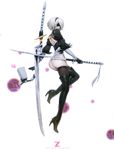  absurdres artist_name ass back_cutout banned_artist black_legwear blindfold bob_cut boots closed_mouth facing_viewer feather-trimmed_sleeves floating_weapon from_side full_body gloves hair_over_one_eye high_heel_boots high_heels highres katana leotard nier_(series) nier_automata ootachi paid_reward patreon_reward paul_kwon pod_(nier_automata) shiny shiny_skin short_hair shoulder_blades silver_hair simple_background solo sword thigh_boots thighhighs weapon white_background yorha_no._2_type_b 