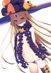  abigail_williams_(fate/grand_order) asymmetrical_legwear bangs blonde_hair bow breasts clearite commentary_request dutch_angle eyebrows_visible_through_hair fate/grand_order fate_(series) hat keyhole long_hair looking_at_viewer orange_bow panties parted_bangs parted_lips purple_bow purple_eyes purple_hat purple_legwear purple_panties revealing_clothes shirt simple_background single_thighhigh small_breasts string_panties stuffed_animal stuffed_toy teddy_bear thighhighs underwear very_long_hair white_background 